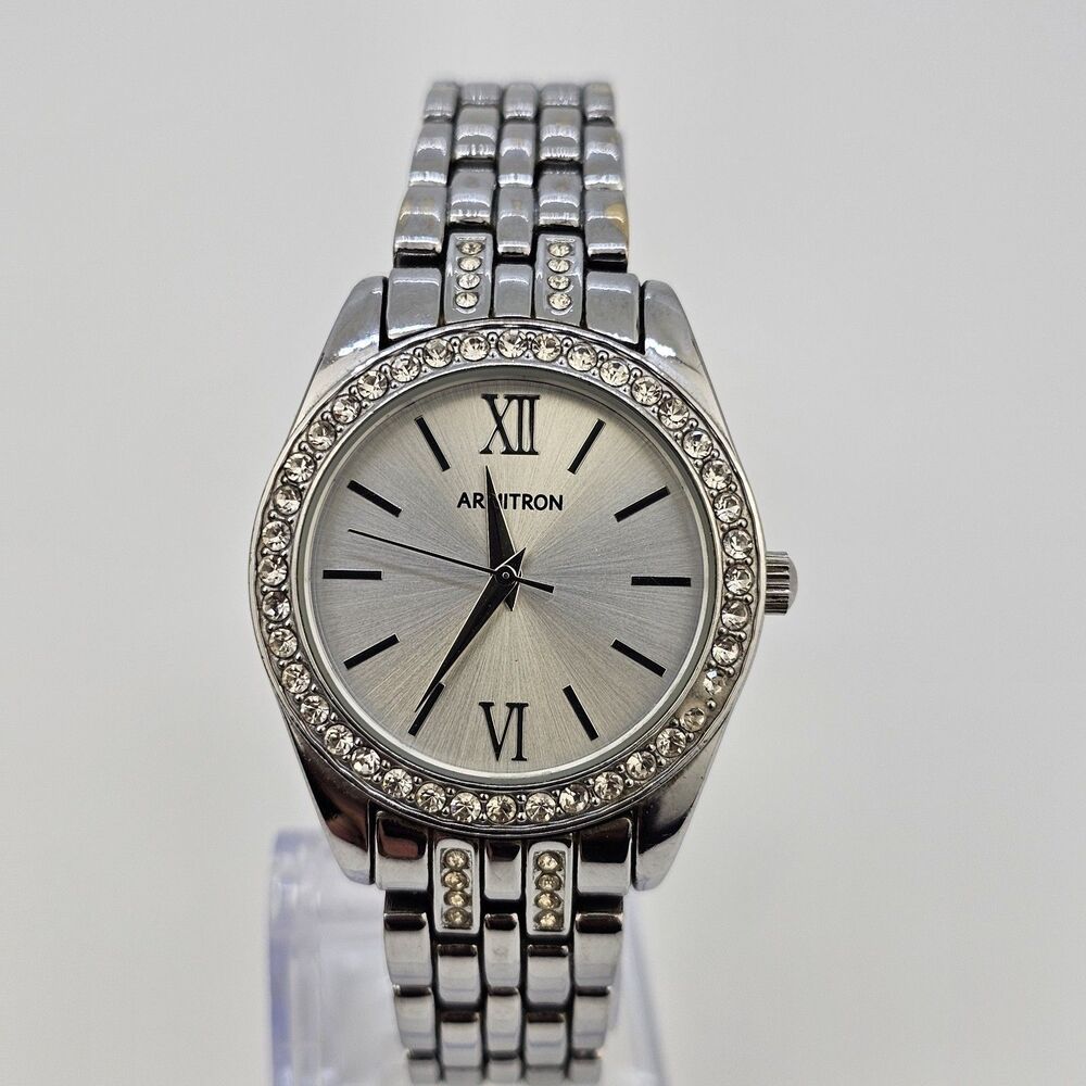 Armitron‎ Watch Women 32MM Gray Dial Gem Bezel Bracelet Band 6.5" New Battery